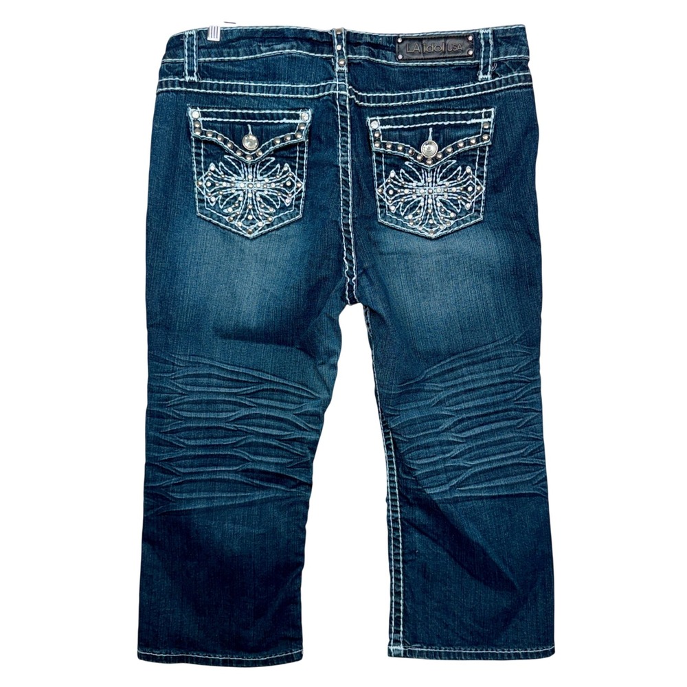 LA‎ Idol USA Women 17 Dark Wash Y2K McBling Butterfly Rhinestone Capri Jeans